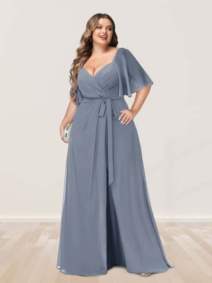 Plus Size V-Neck A-Line Bridesmaid Dress with Side Split and Half Sleeves