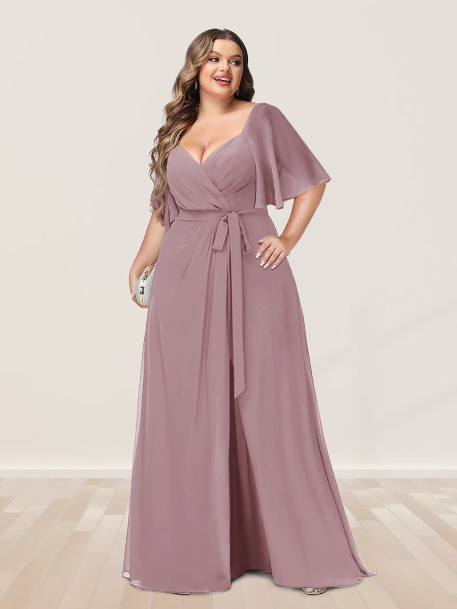 Plus Size V-Neck A-Line Bridesmaid Dress with Side Split and Half Sleeves