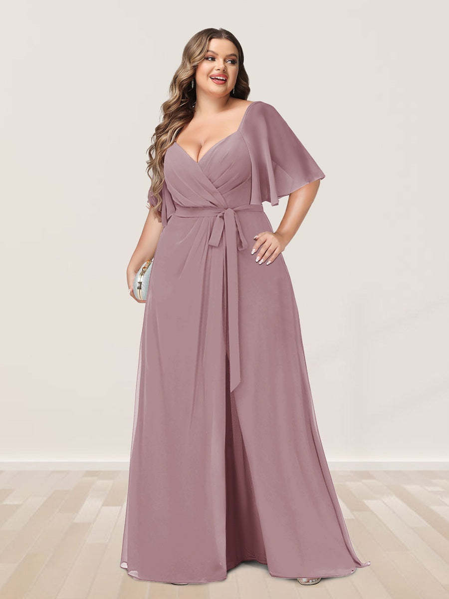 Plus Size V-Neck A-Line Bridesmaid Dress with Side Split and Half Sleeves