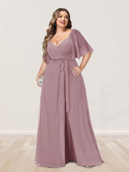 Plus Size V-Neck A-Line Bridesmaid Dress with Side Split and Half Sleeves