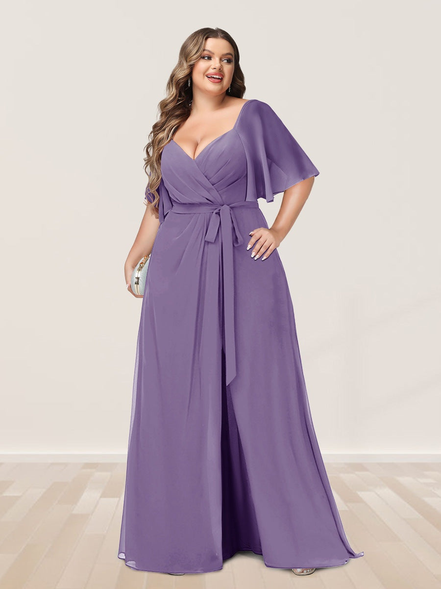 Plus Size V-Neck A-Line Bridesmaid Dress with Side Split and Half Sleeves