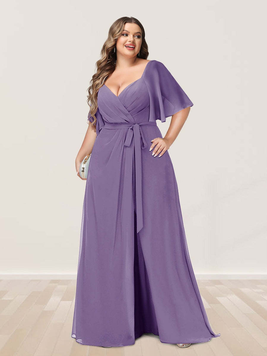 Plus Size V-Neck A-Line Bridesmaid Dress with Side Split and Half Sleeves