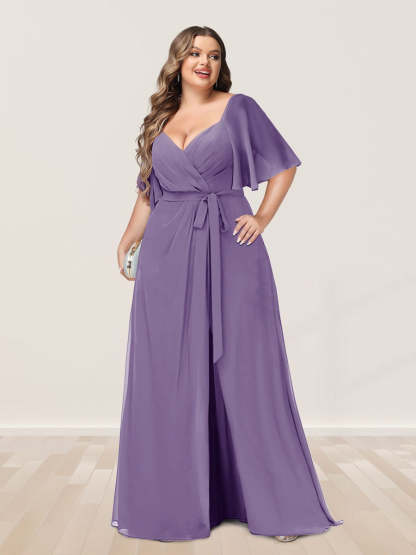 Plus Size V-Neck A-Line Bridesmaid Dress with Side Split and Half Sleeves