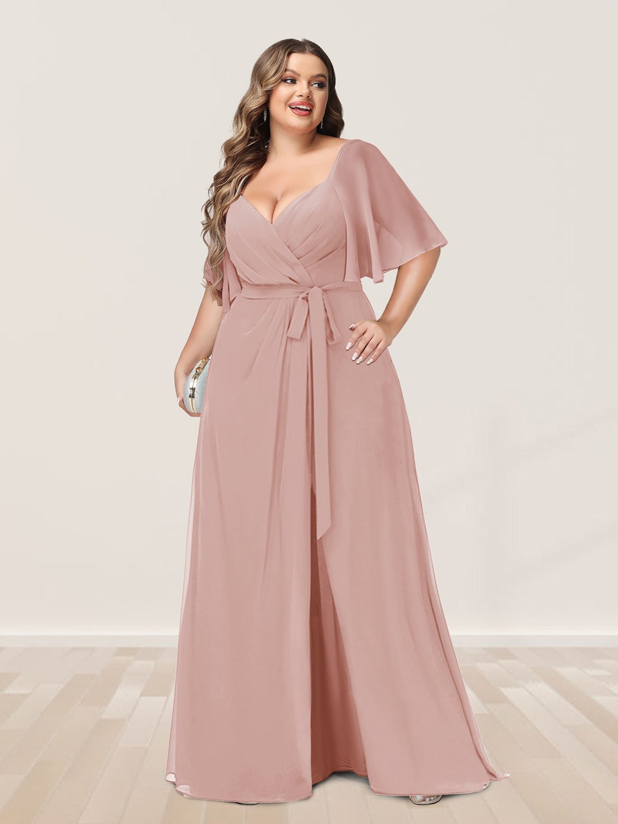 Plus Size V-Neck A-Line Bridesmaid Dress with Side Split and Half Sleeves