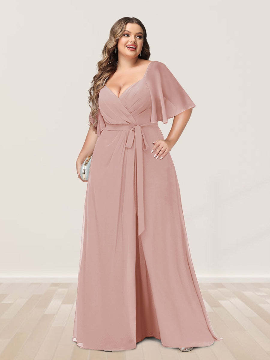 Plus Size V-Neck A-Line Bridesmaid Dress with Side Split and Half Sleeves