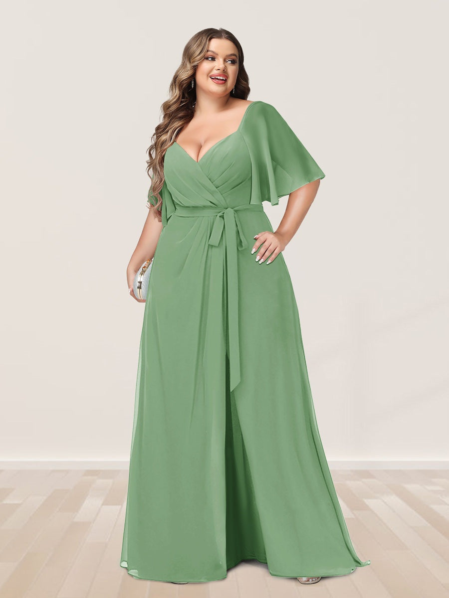 Plus Size V-Neck A-Line Bridesmaid Dress with Side Split and Half Sleeves