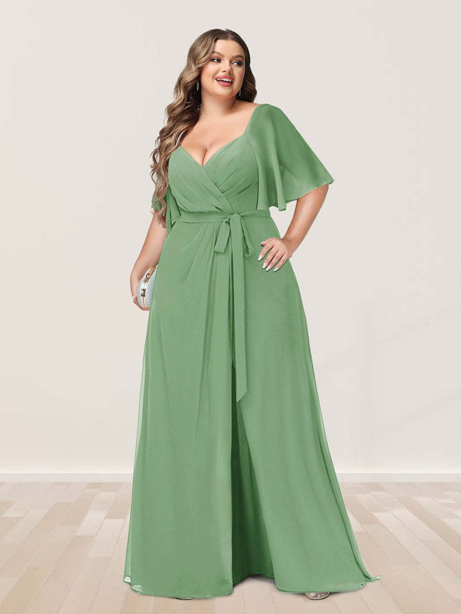 Plus Size V-Neck A-Line Bridesmaid Dress with Side Split and Half Sleeves