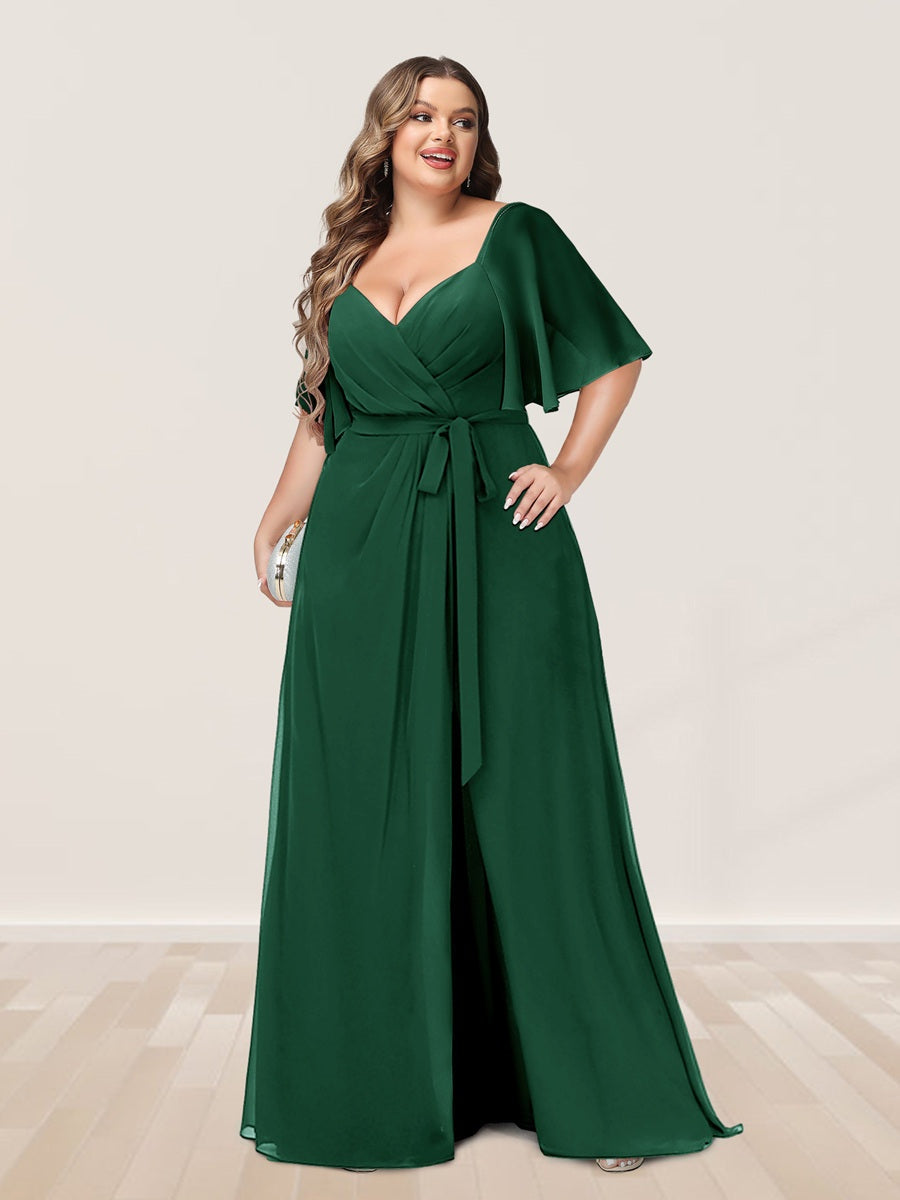 Plus Size V-Neck A-Line Bridesmaid Dress with Side Split and Half Sleeves