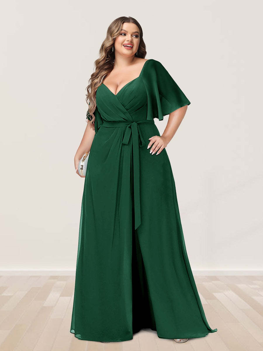 Plus Size V-Neck A-Line Bridesmaid Dress with Side Split and Half Sleeves