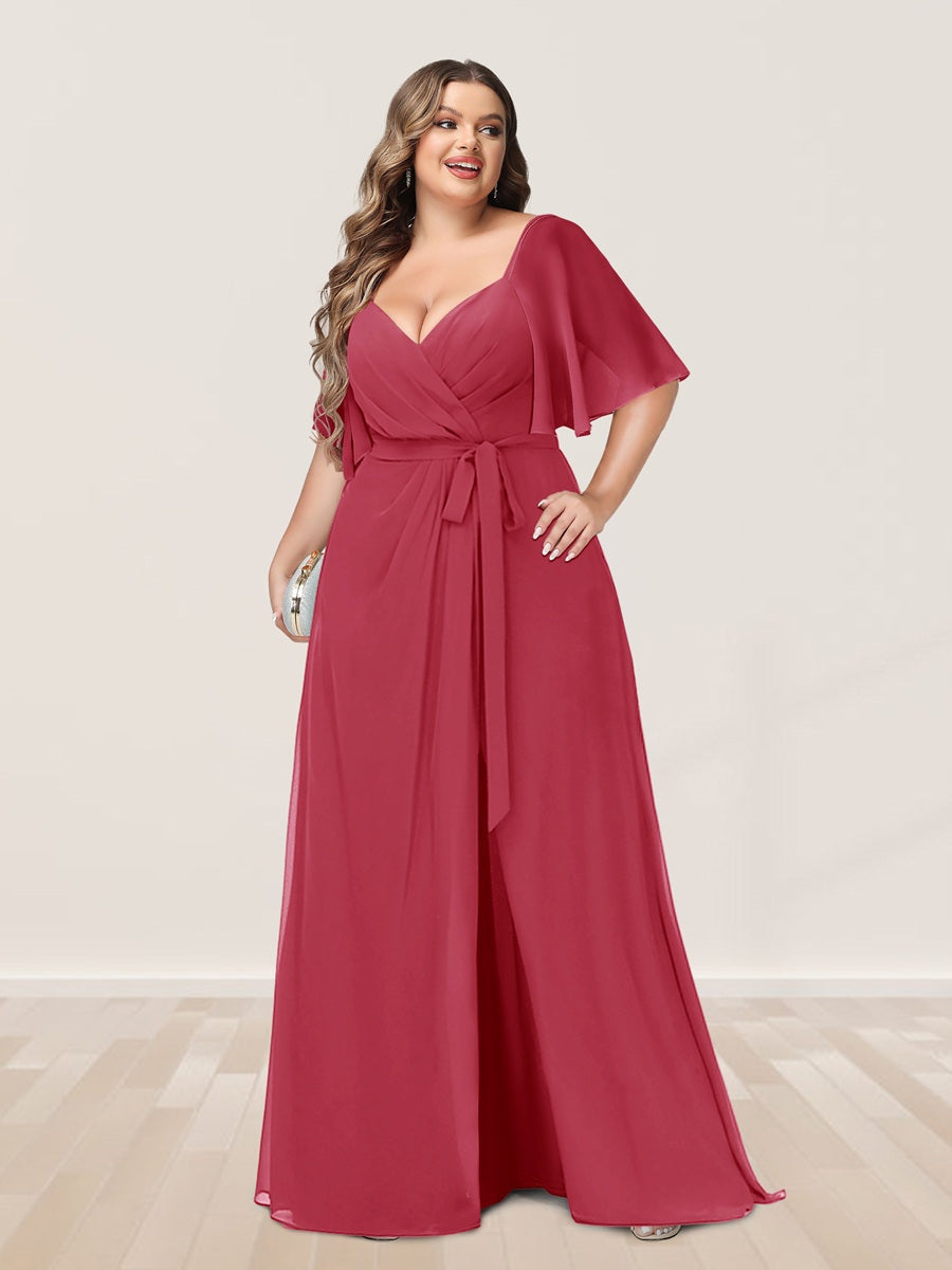 Plus Size V-Neck A-Line Bridesmaid Dress with Side Split and Half Sleeves
