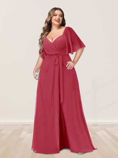 Plus Size V-Neck A-Line Bridesmaid Dress with Side Split and Half Sleeves