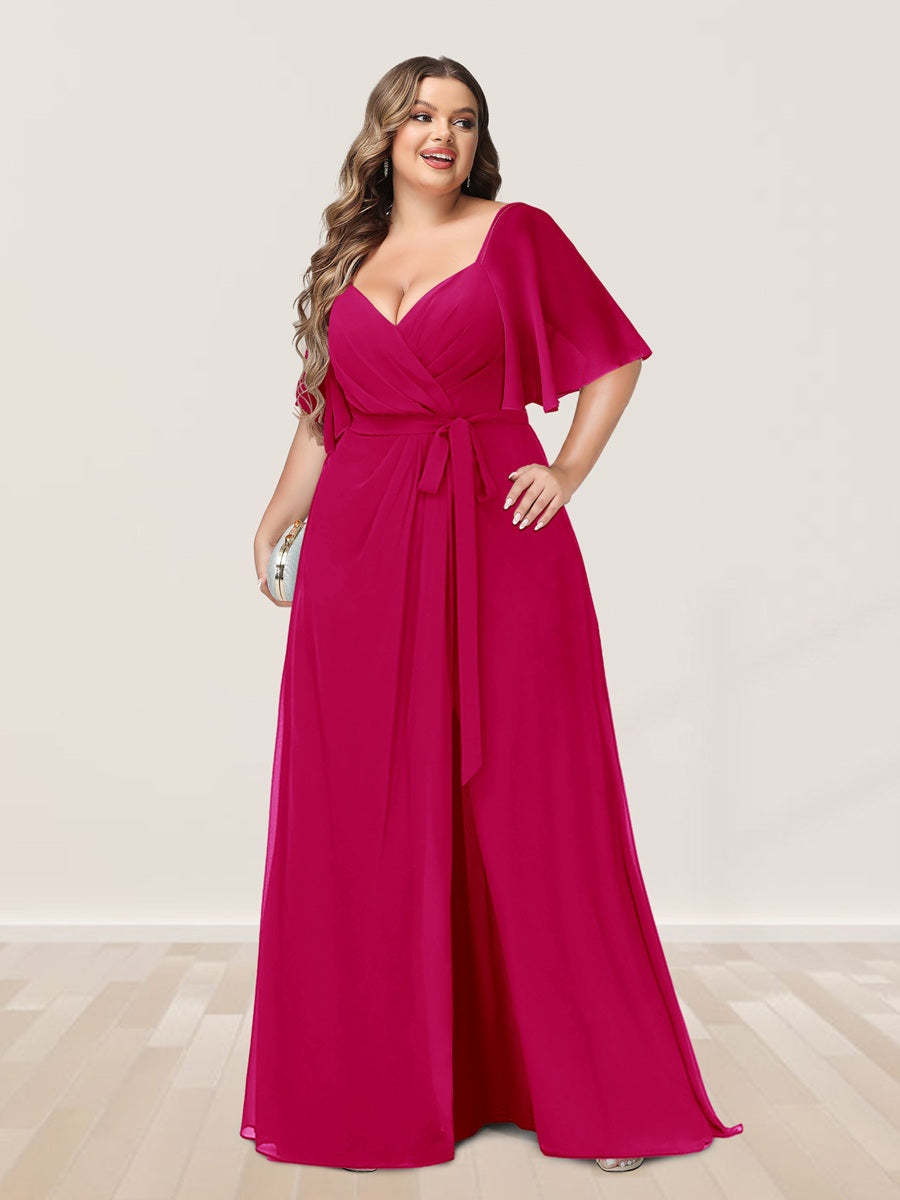 Plus Size V-Neck A-Line Bridesmaid Dress with Side Split and Half Sleeves