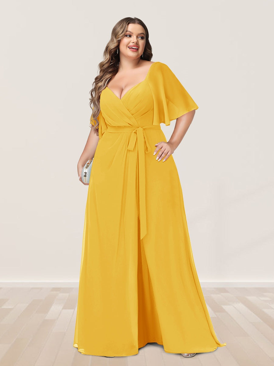 Plus Size V-Neck A-Line Bridesmaid Dress with Side Split and Half Sleeves