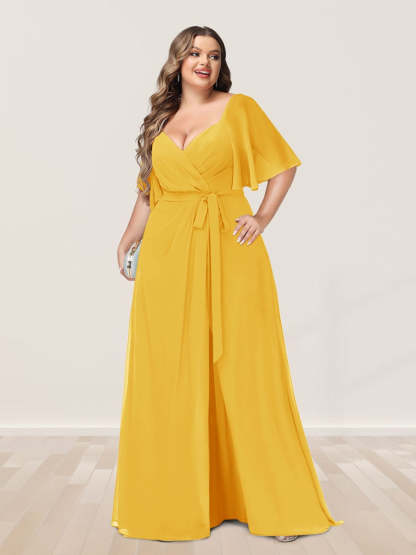 Plus Size V-Neck A-Line Bridesmaid Dress with Side Split and Half Sleeves