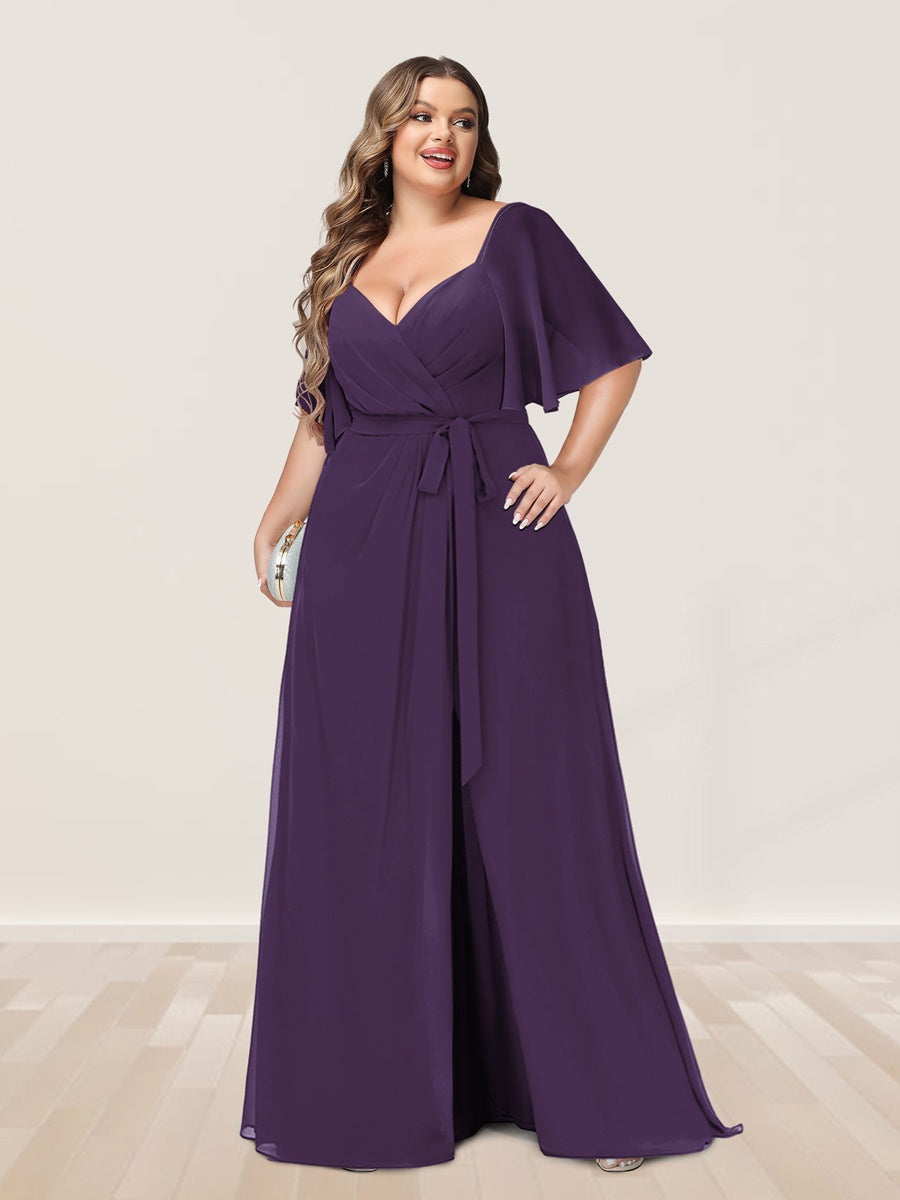 Plus Size V-Neck A-Line Bridesmaid Dress with Side Split and Half Sleeves