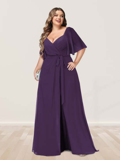 Plus Size V-Neck A-Line Bridesmaid Dress with Side Split and Half Sleeves
