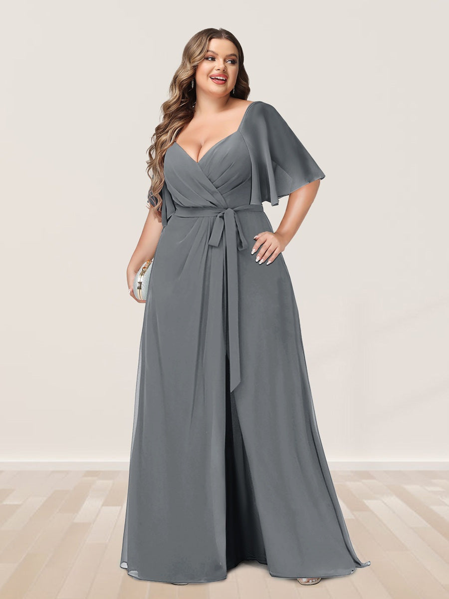 Plus Size V-Neck A-Line Bridesmaid Dress with Side Split and Half Sleeves