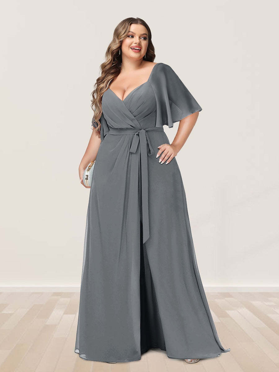 Plus Size V-Neck A-Line Bridesmaid Dress with Side Split and Half Sleeves