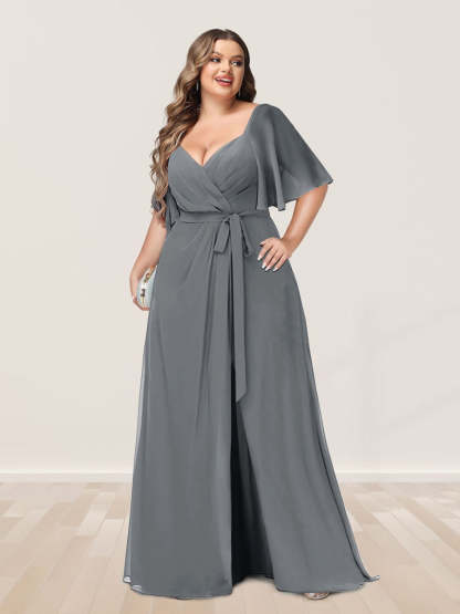 Plus Size V-Neck A-Line Bridesmaid Dress with Side Split and Half Sleeves