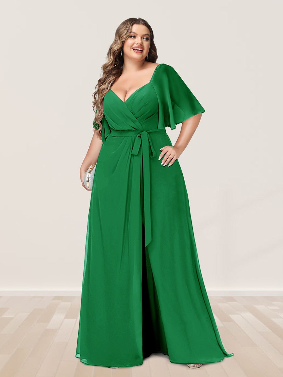 Plus Size V-Neck A-Line Bridesmaid Dress with Side Split and Half Sleeves