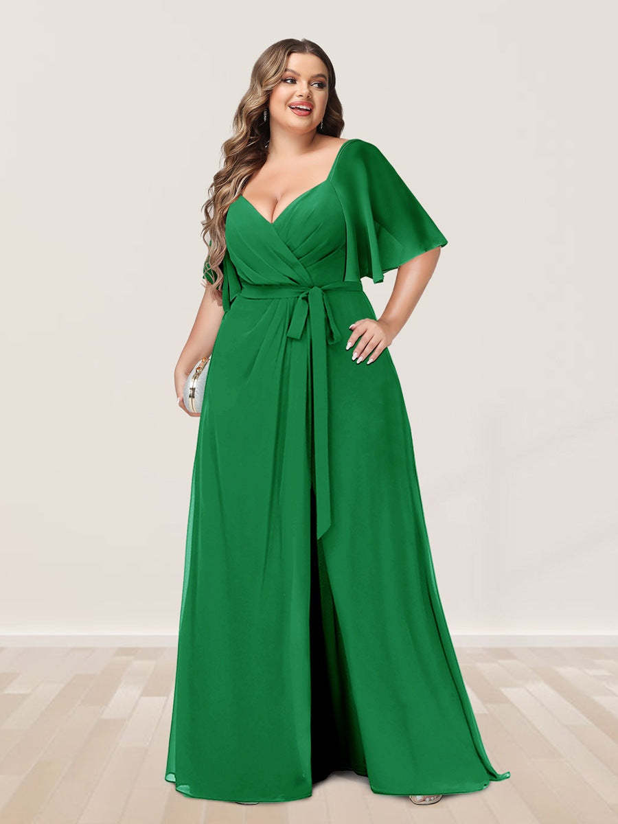Plus Size V-Neck A-Line Bridesmaid Dress with Side Split and Half Sleeves