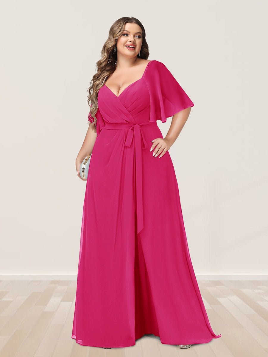 Plus Size V-Neck A-Line Bridesmaid Dress with Side Split and Half Sleeves