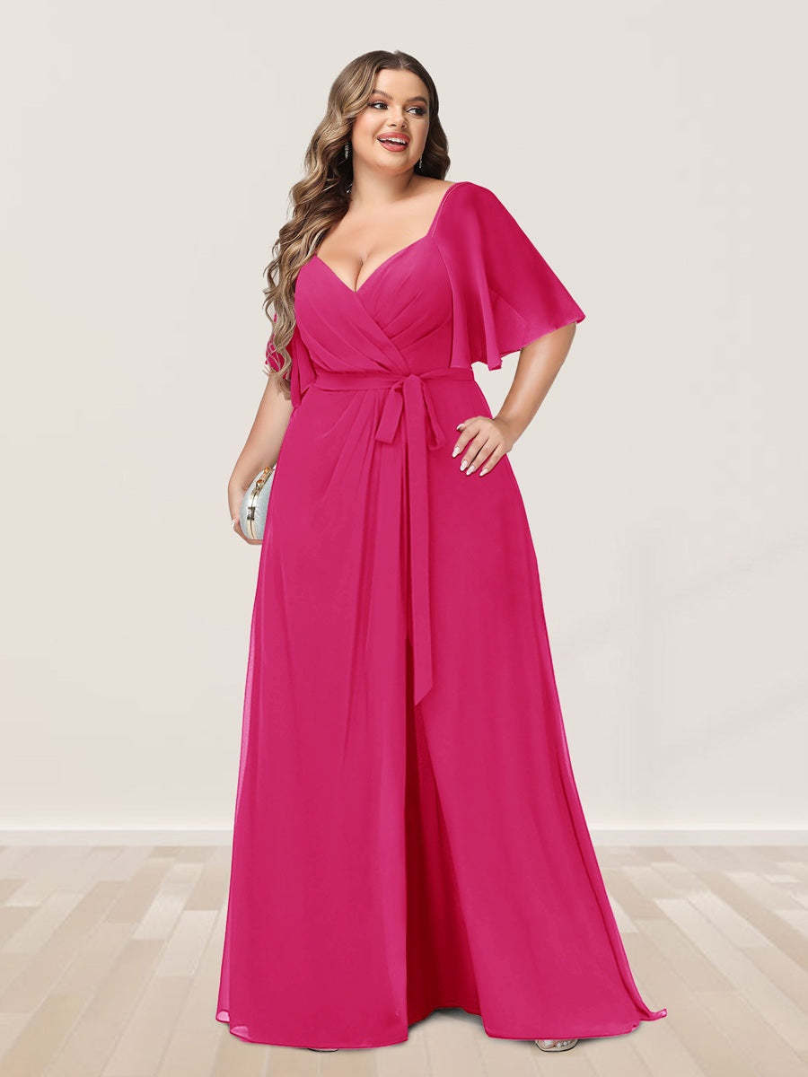 Plus Size V-Neck A-Line Bridesmaid Dress with Side Split and Half Sleeves