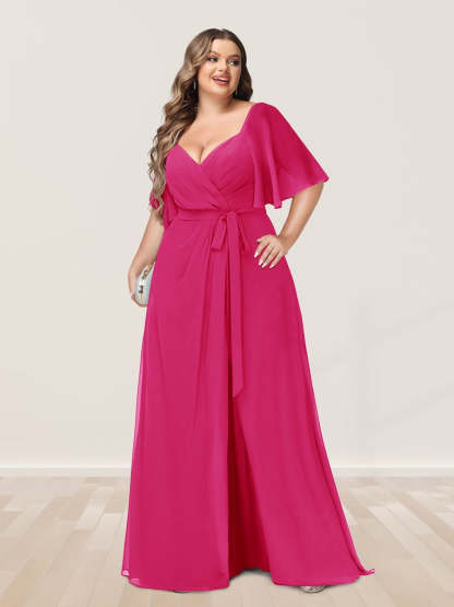 Plus Size V-Neck A-Line Bridesmaid Dress with Side Split and Half Sleeves