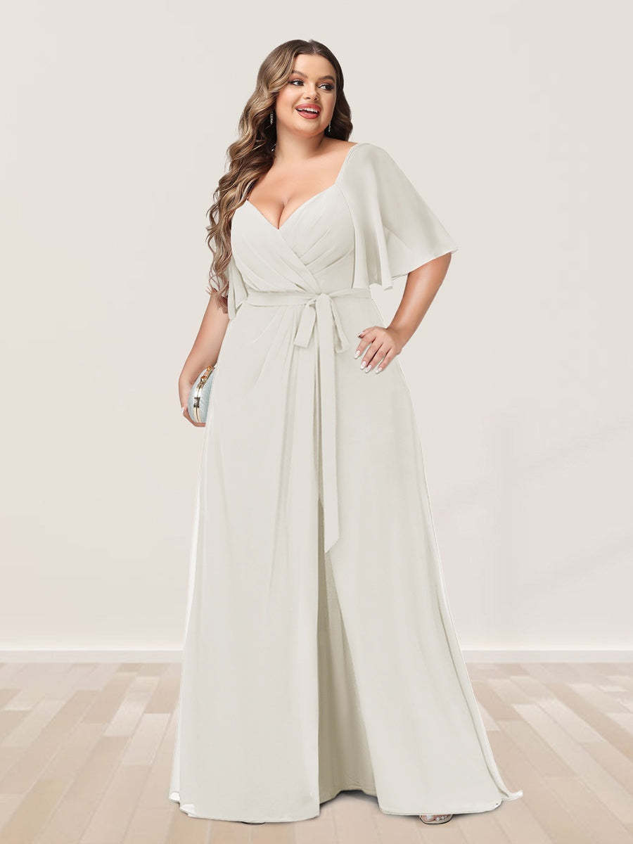 Plus Size V-Neck A-Line Bridesmaid Dress with Side Split and Half Sleeves