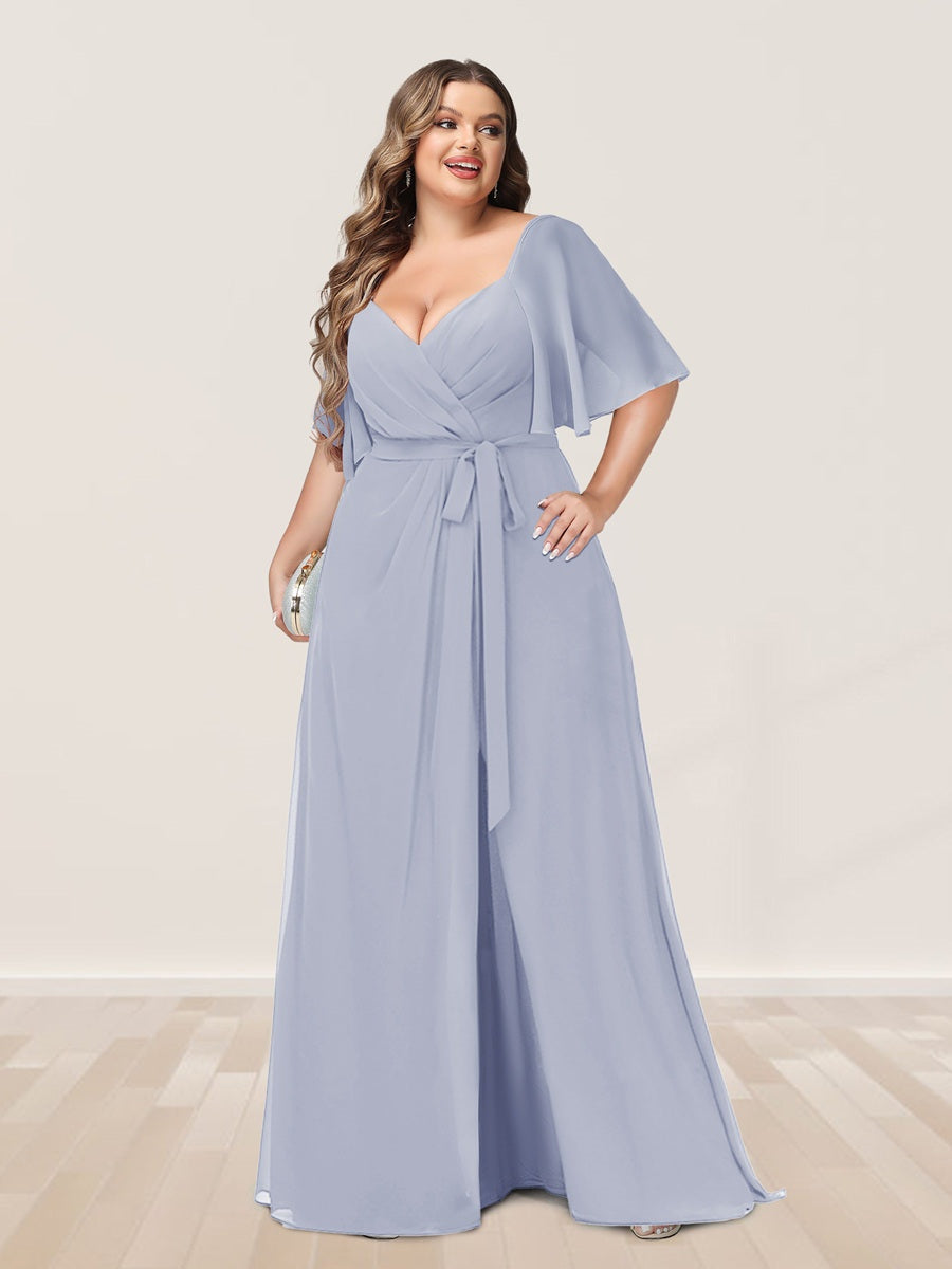 Plus Size V-Neck A-Line Bridesmaid Dress with Side Split and Half Sleeves