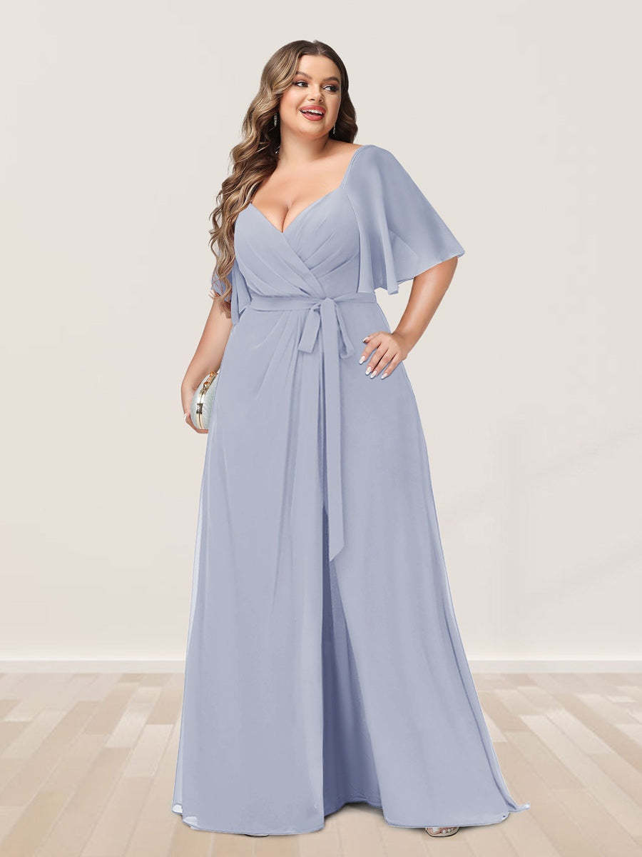 Plus Size V-Neck A-Line Bridesmaid Dress with Side Split and Half Sleeves