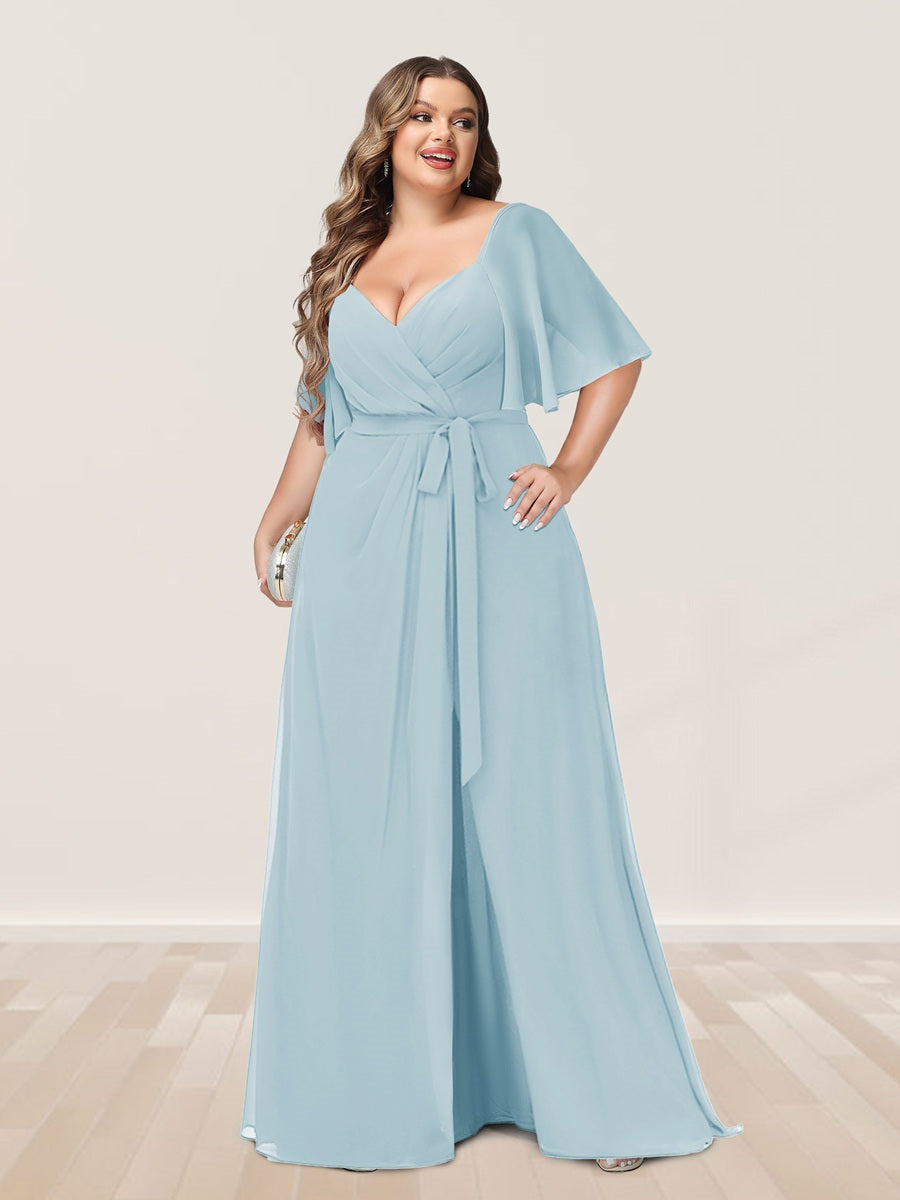 Plus Size V-Neck A-Line Bridesmaid Dress with Side Split and Half Sleeves