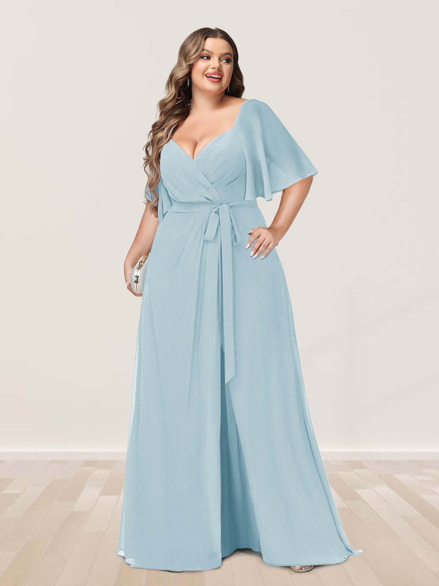 Plus Size V-Neck A-Line Bridesmaid Dress with Side Split and Half Sleeves