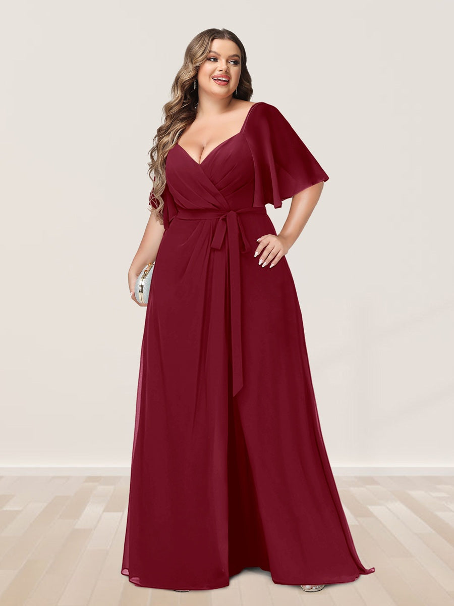 Plus Size V-Neck A-Line Bridesmaid Dress with Side Split and Half Sleeves