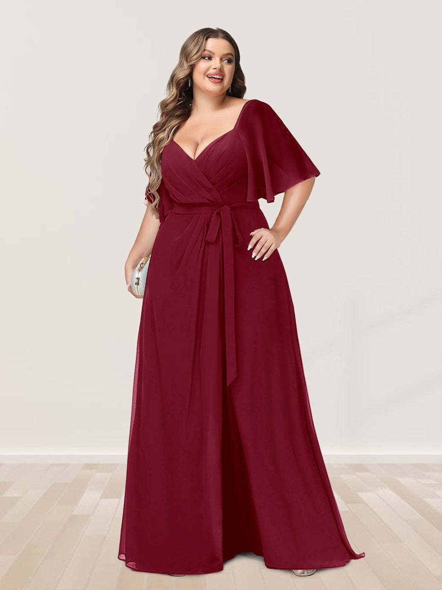 Plus Size V-Neck A-Line Bridesmaid Dress with Side Split and Half Sleeves