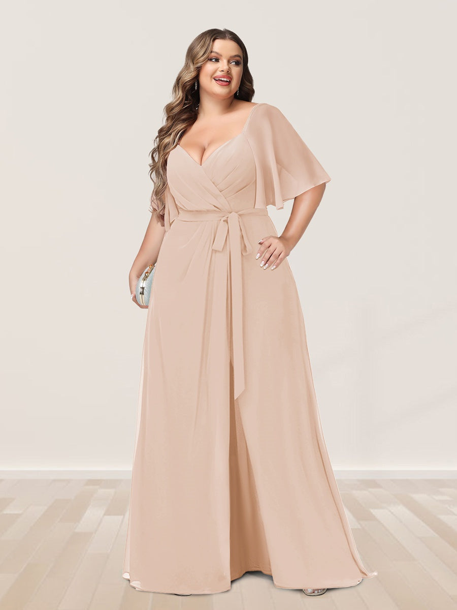 Plus Size V-Neck A-Line Bridesmaid Dress with Side Split and Half Sleeves