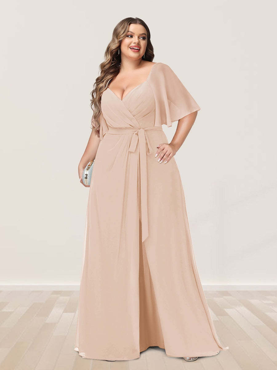 Plus Size V-Neck A-Line Bridesmaid Dress with Side Split and Half Sleeves