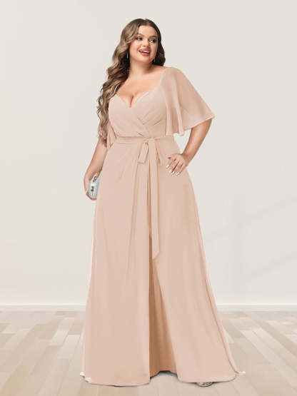 Plus Size V-Neck A-Line Bridesmaid Dress with Side Split and Half Sleeves