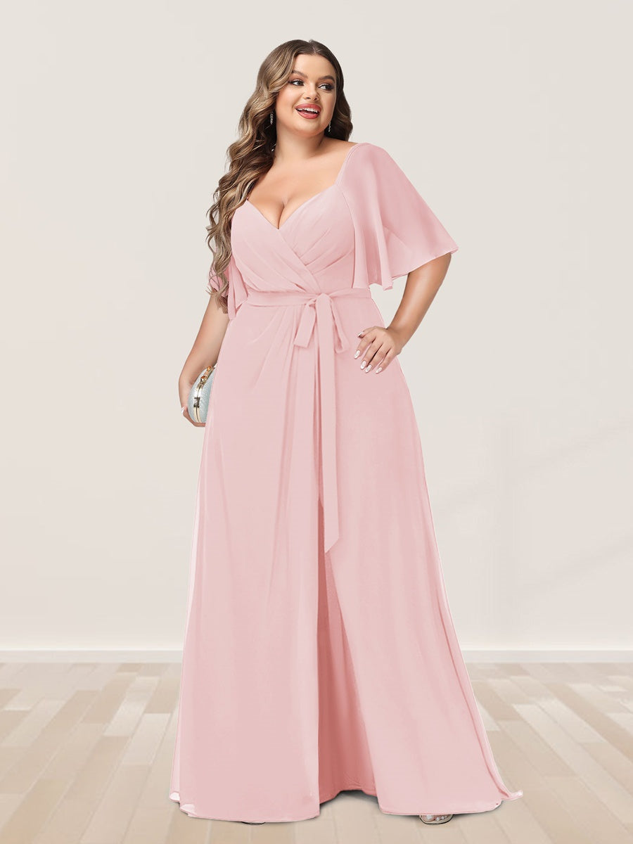 Plus Size V-Neck A-Line Bridesmaid Dress with Side Split and Half Sleeves