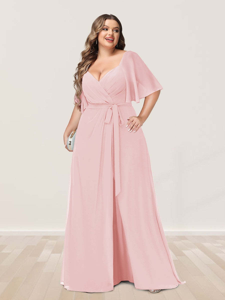 Plus Size V-Neck A-Line Bridesmaid Dress with Side Split and Half Sleeves