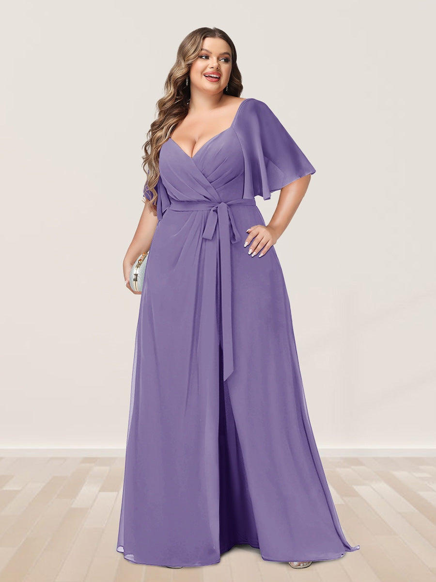 Plus Size V-Neck A-Line Bridesmaid Dress with Side Split and Half Sleeves