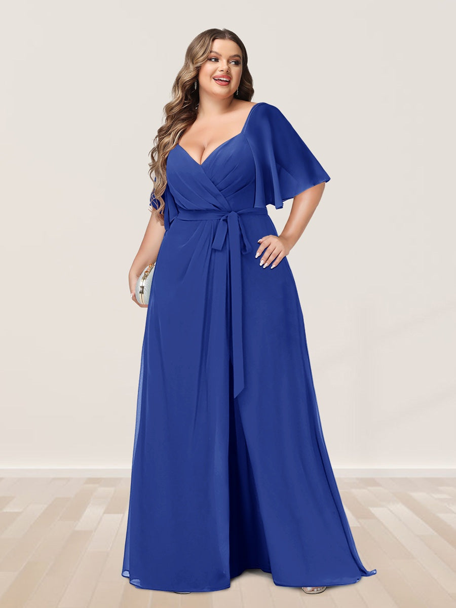 Plus Size V-Neck A-Line Bridesmaid Dress with Side Split and Half Sleeves