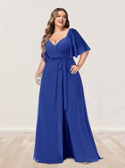 Plus Size V-Neck A-Line Bridesmaid Dress with Side Split and Half Sleeves