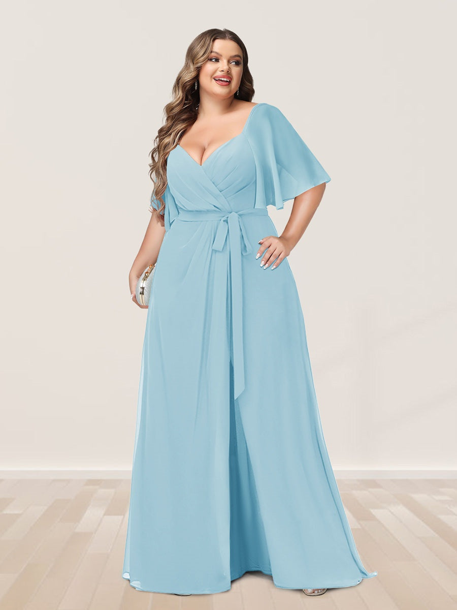 Plus Size V-Neck A-Line Bridesmaid Dress with Side Split and Half Sleeves