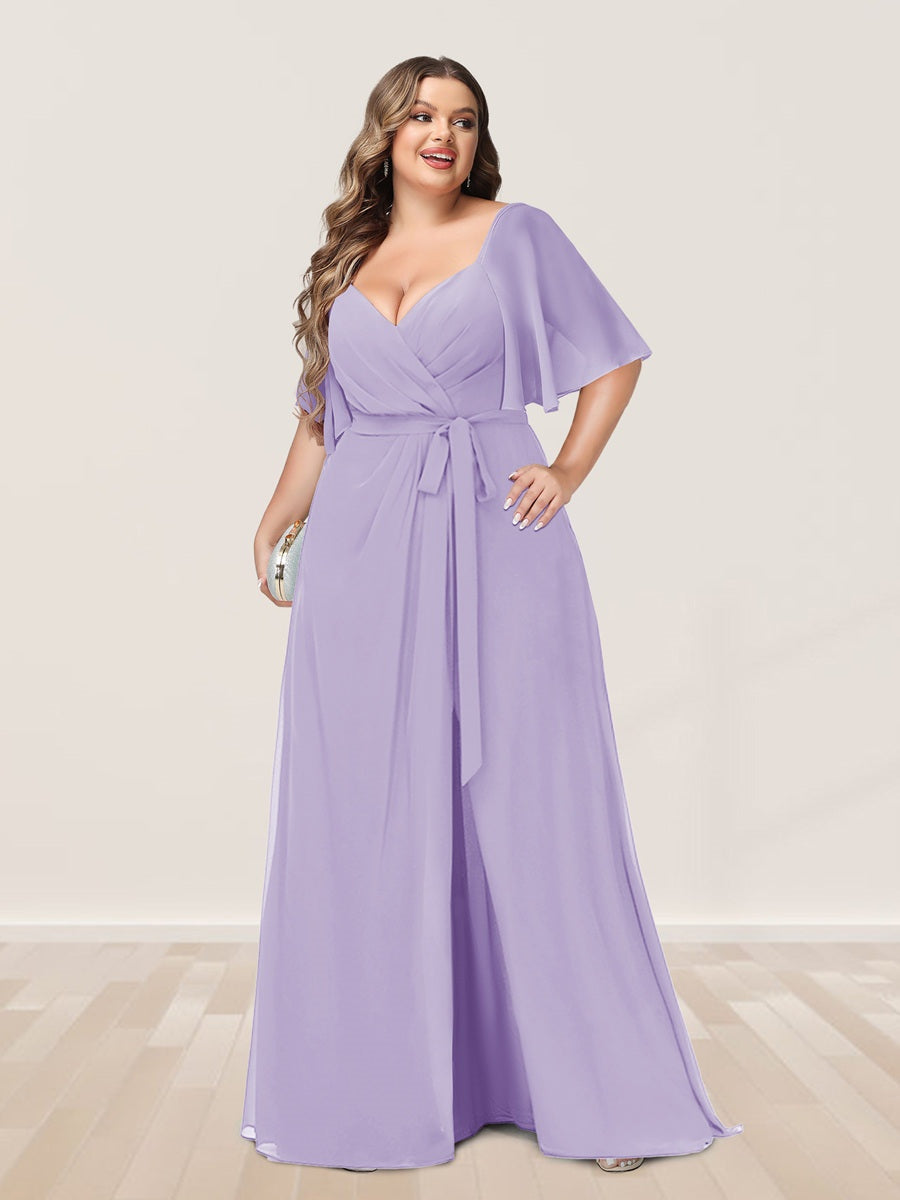 Plus Size V-Neck A-Line Bridesmaid Dress with Side Split and Half Sleeves