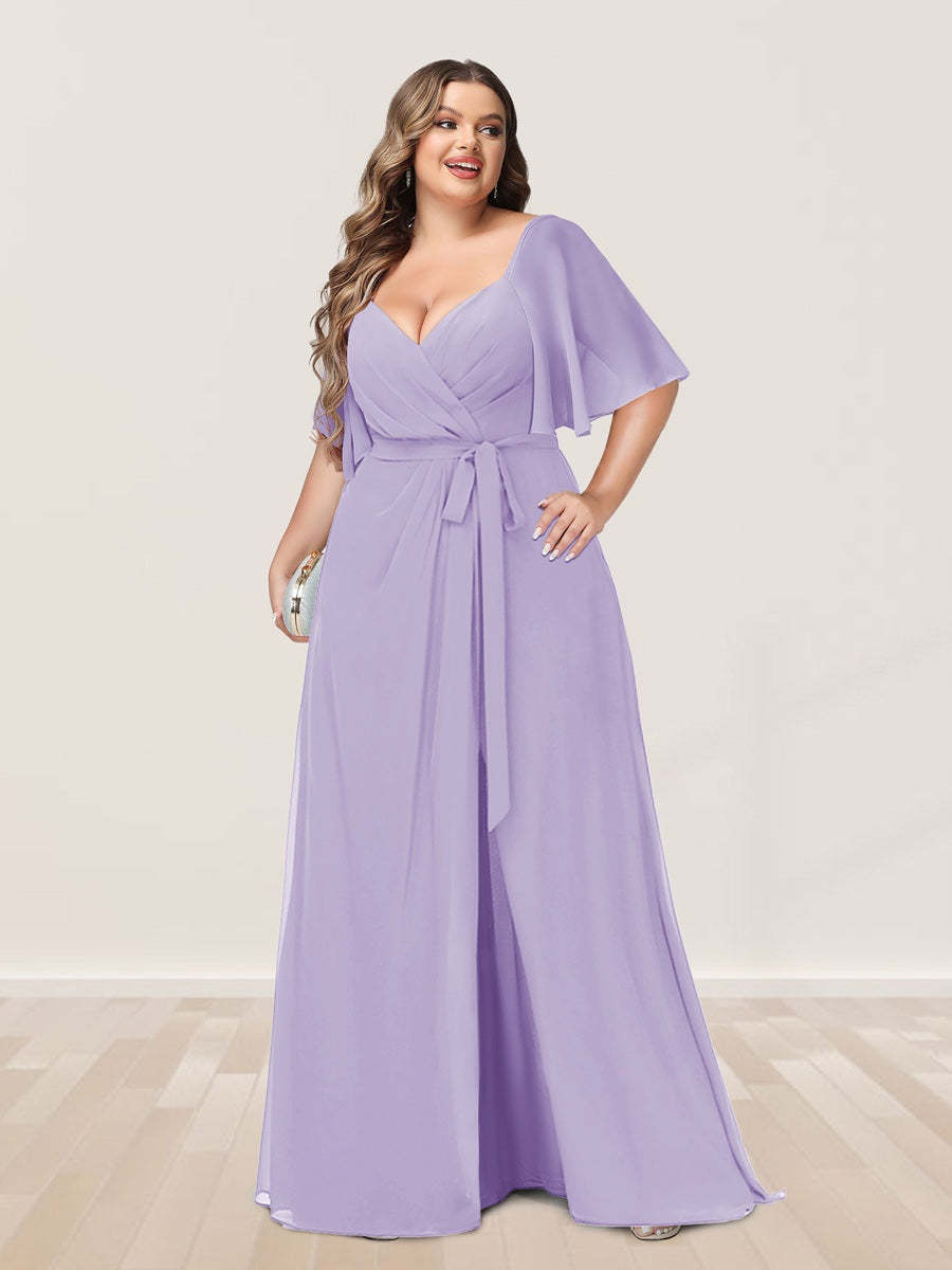 Plus Size V-Neck A-Line Bridesmaid Dress with Side Split and Half Sleeves