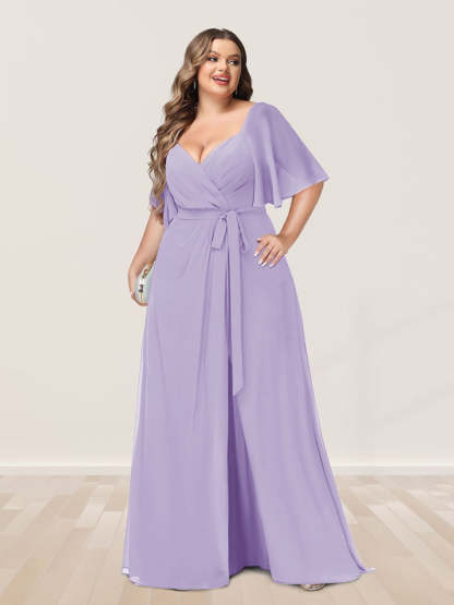 Plus Size V-Neck A-Line Bridesmaid Dress with Side Split and Half Sleeves