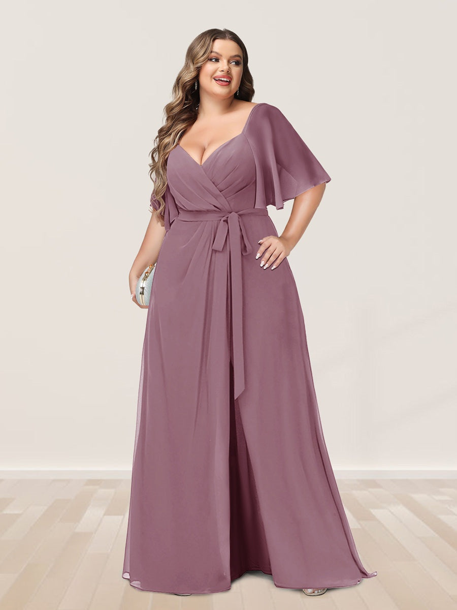 Plus Size V-Neck A-Line Bridesmaid Dress with Side Split and Half Sleeves