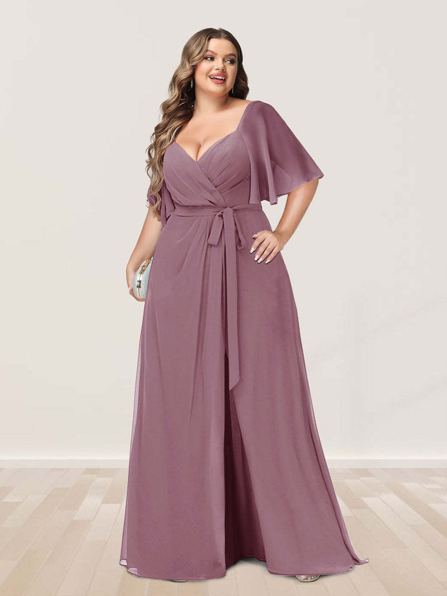 Plus Size V-Neck A-Line Bridesmaid Dress with Side Split and Half Sleeves