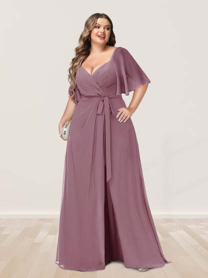 Plus Size V-Neck A-Line Bridesmaid Dress with Side Split and Half Sleeves
